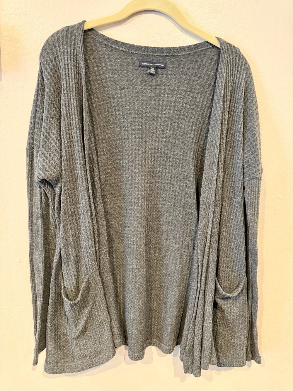 American Eagle Outfitters Gray Open-Front Waffle Knit Cardigan